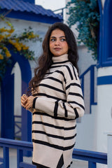 Striped High-Neck Loose Knit Pullover