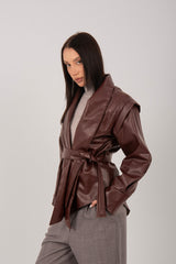 Belted Faux Leather Wrap Jacket