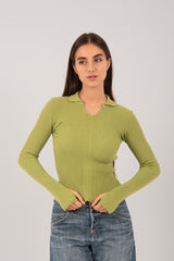 Ribbed Knit V-Neck Collared Top