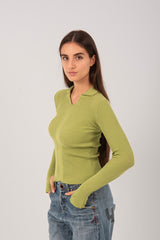 Ribbed Knit V-Neck Collared Top