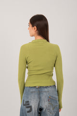 Ribbed Knit V-Neck Collared Top