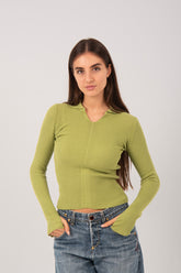 Ribbed Knit V-Neck Collared Top