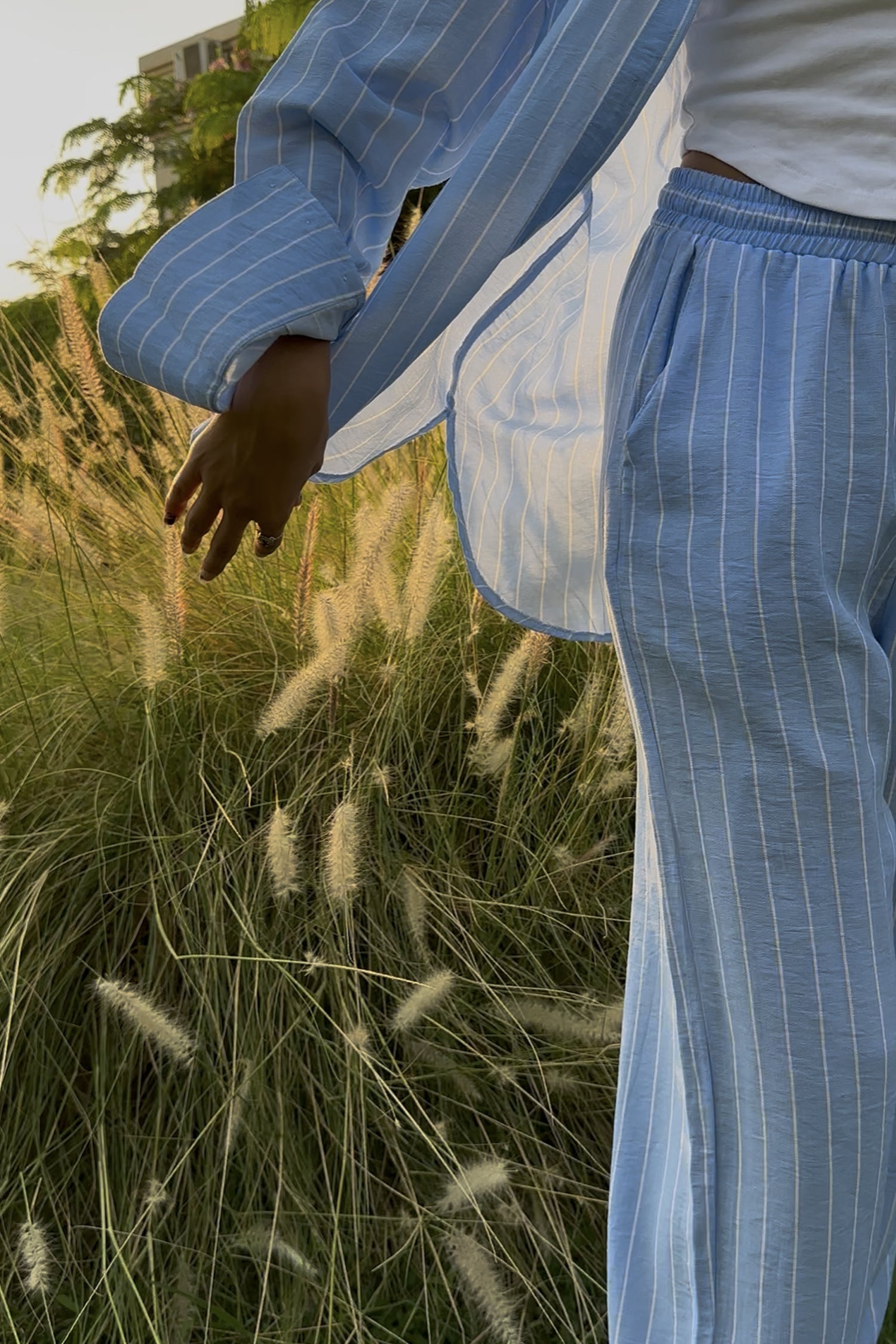 Blue Skies Striped Linen Set Shirt & Pant For Women