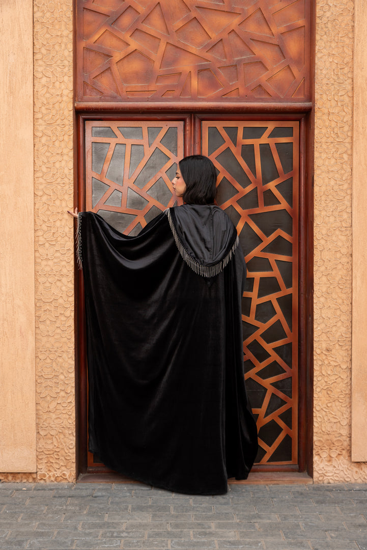 Morocco Velvet Long Sleeve Embroidered Sequins Kimono - Black