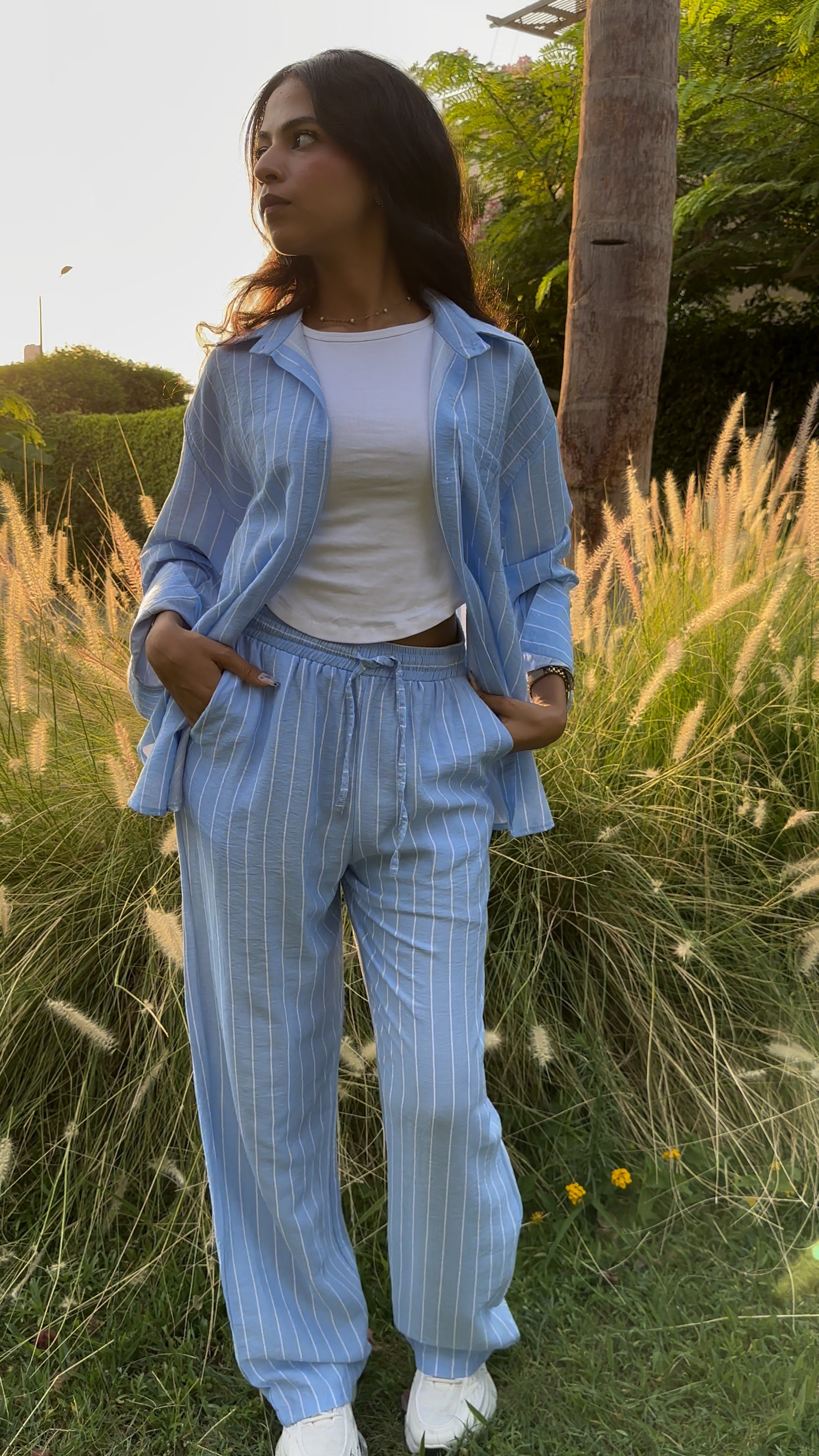 Blue Skies Striped Linen Set Shirt & Pant For Women