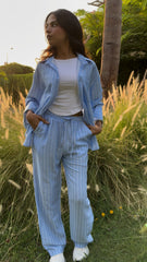 Blue Skies Striped Linen Set Shirt & Pant For Women