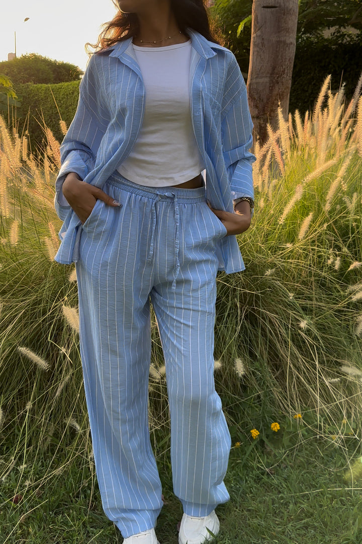 Blue Skies Striped Linen Set Shirt & Pant For Women
