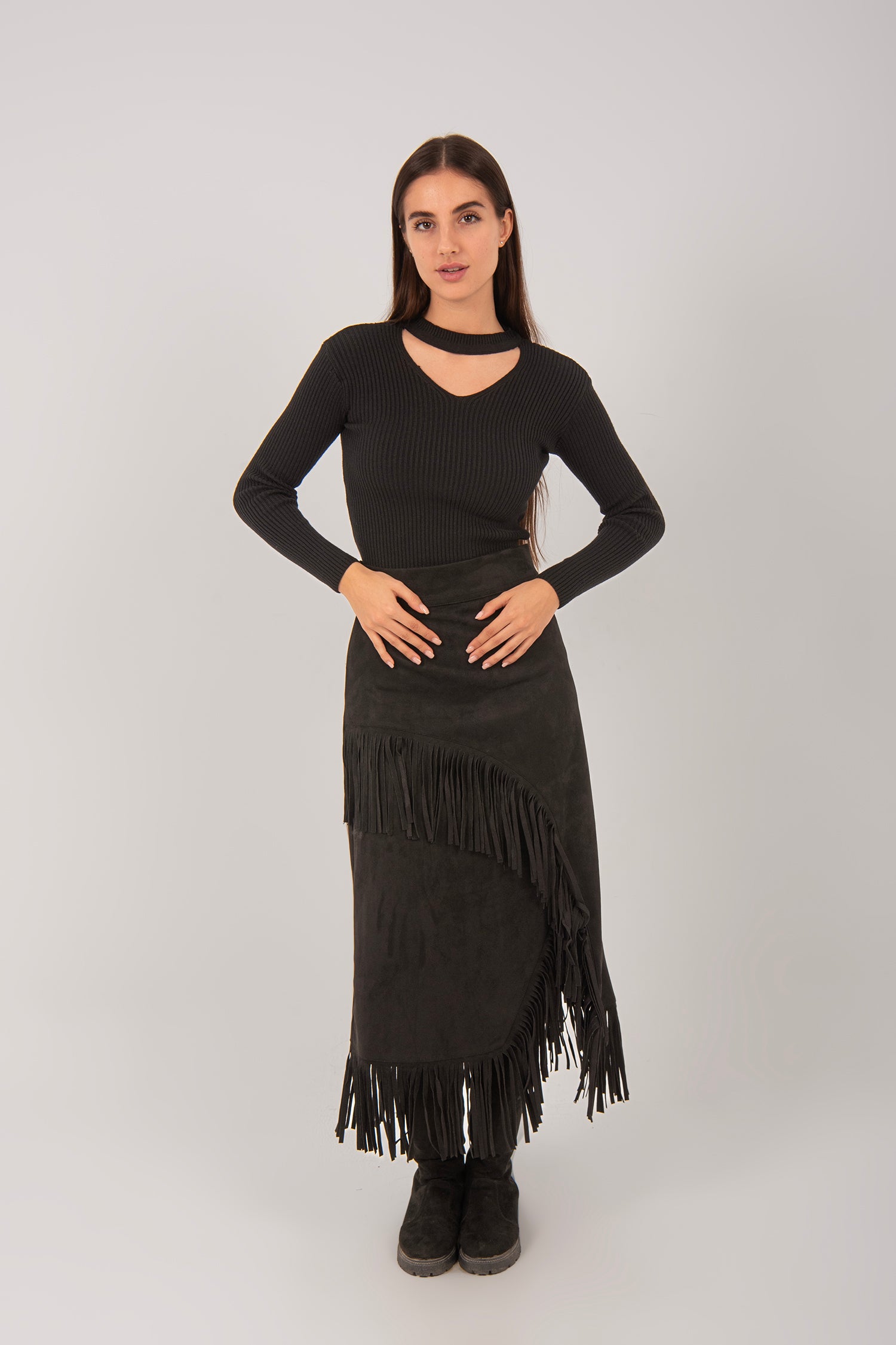 Suede Fringe Midi Skirt