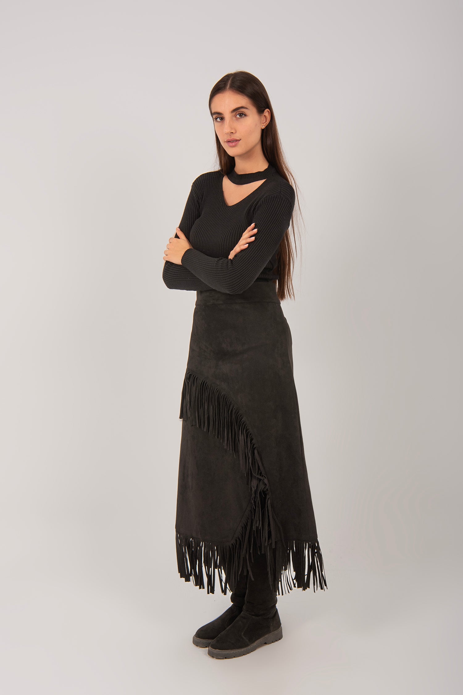 Suede Fringe Midi Skirt