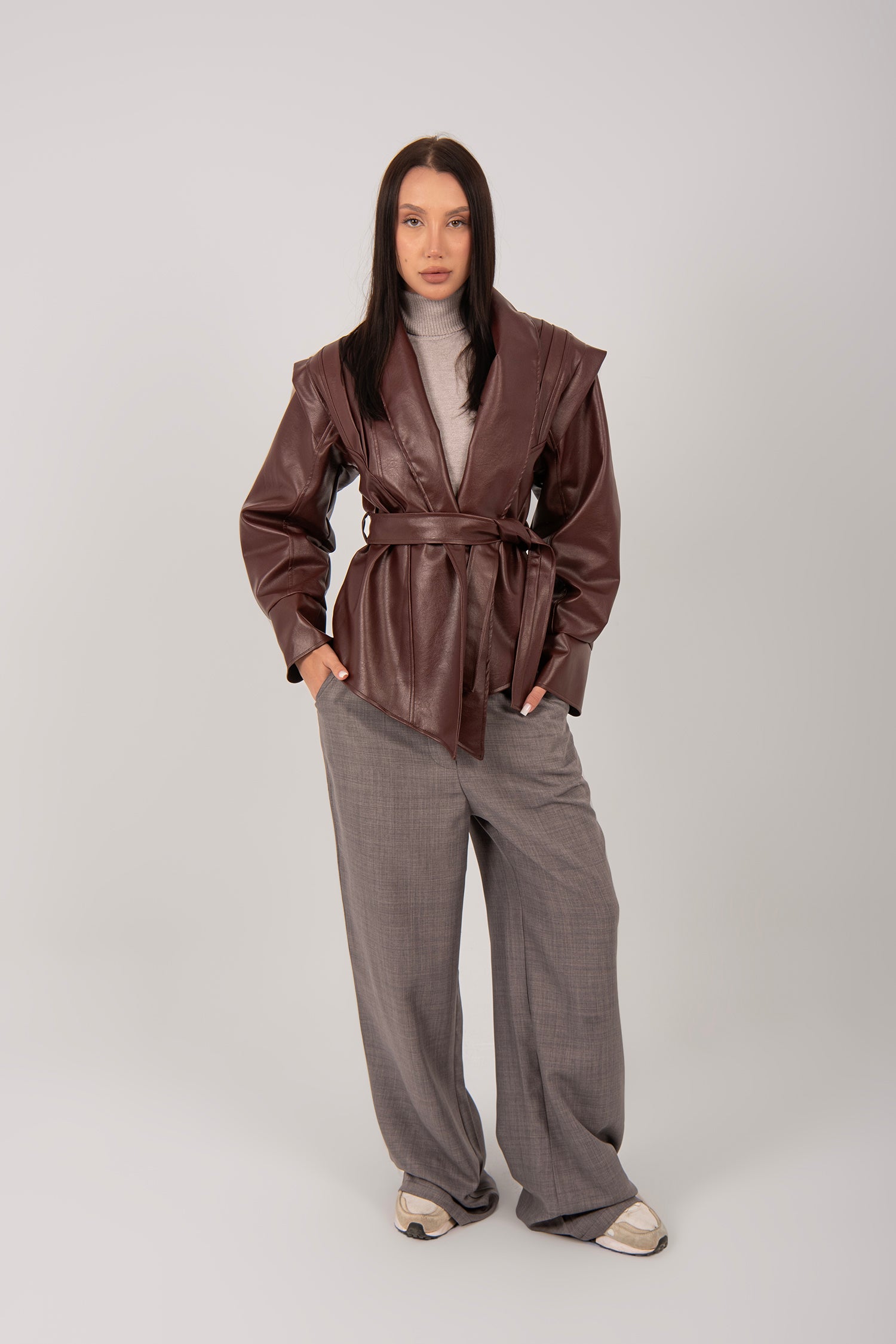 Belted Faux Leather Wrap Jacket