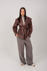 Belted Faux Leather Wrap Jacket