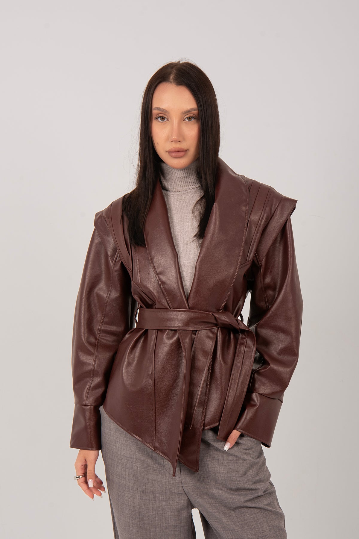 Belted Faux Leather Wrap Jacket