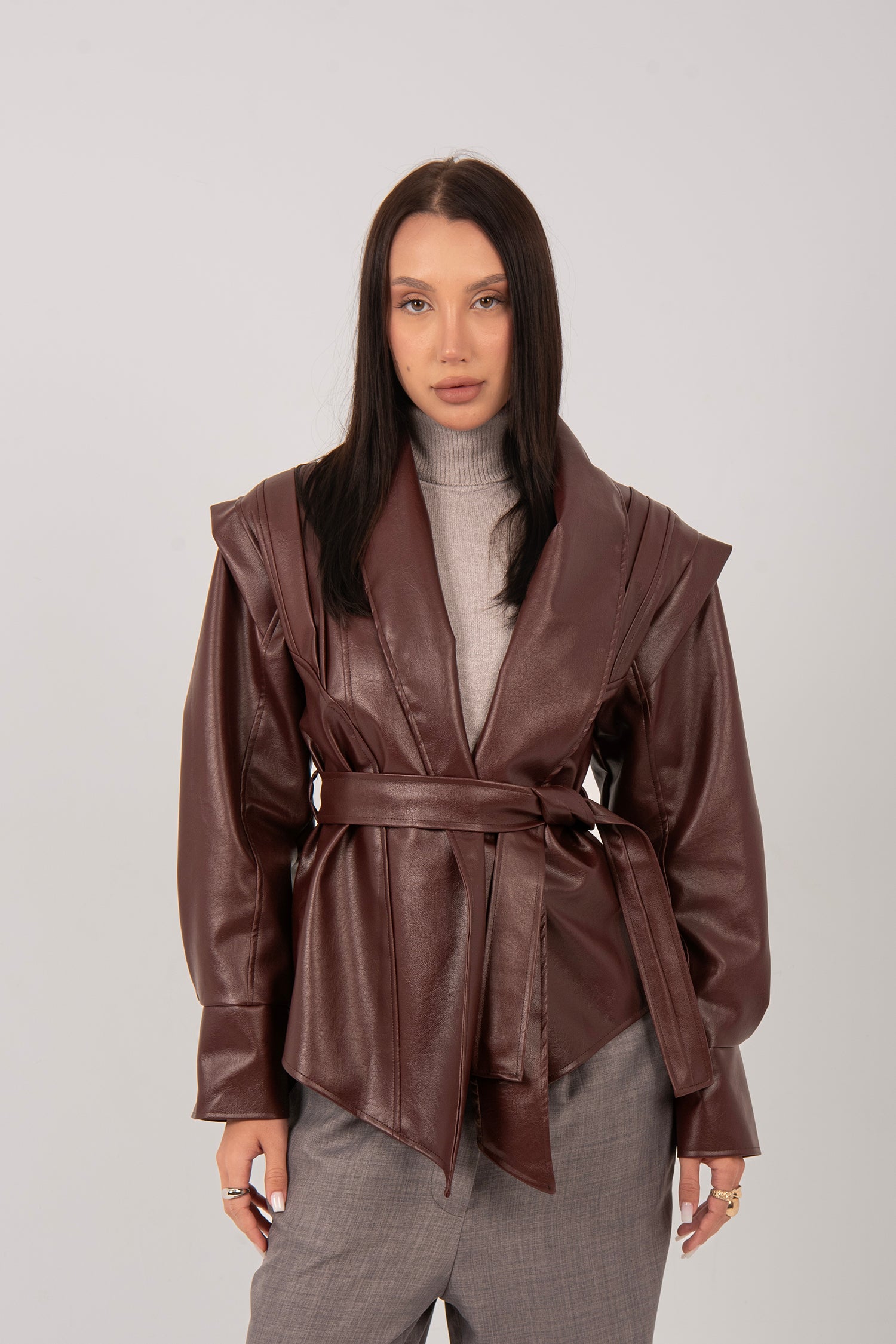 Belted Faux Leather Wrap Jacket