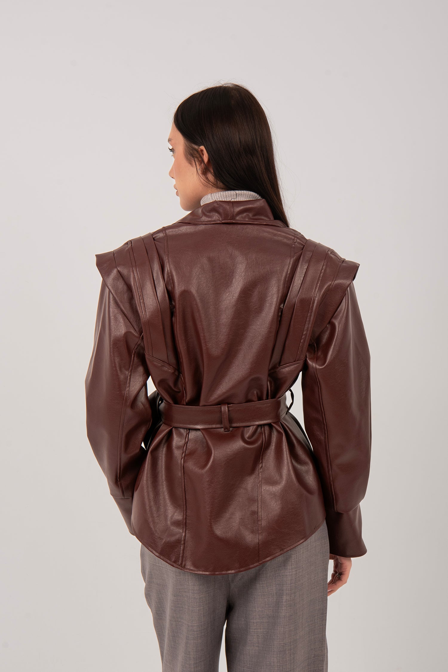 Belted Faux Leather Wrap Jacket