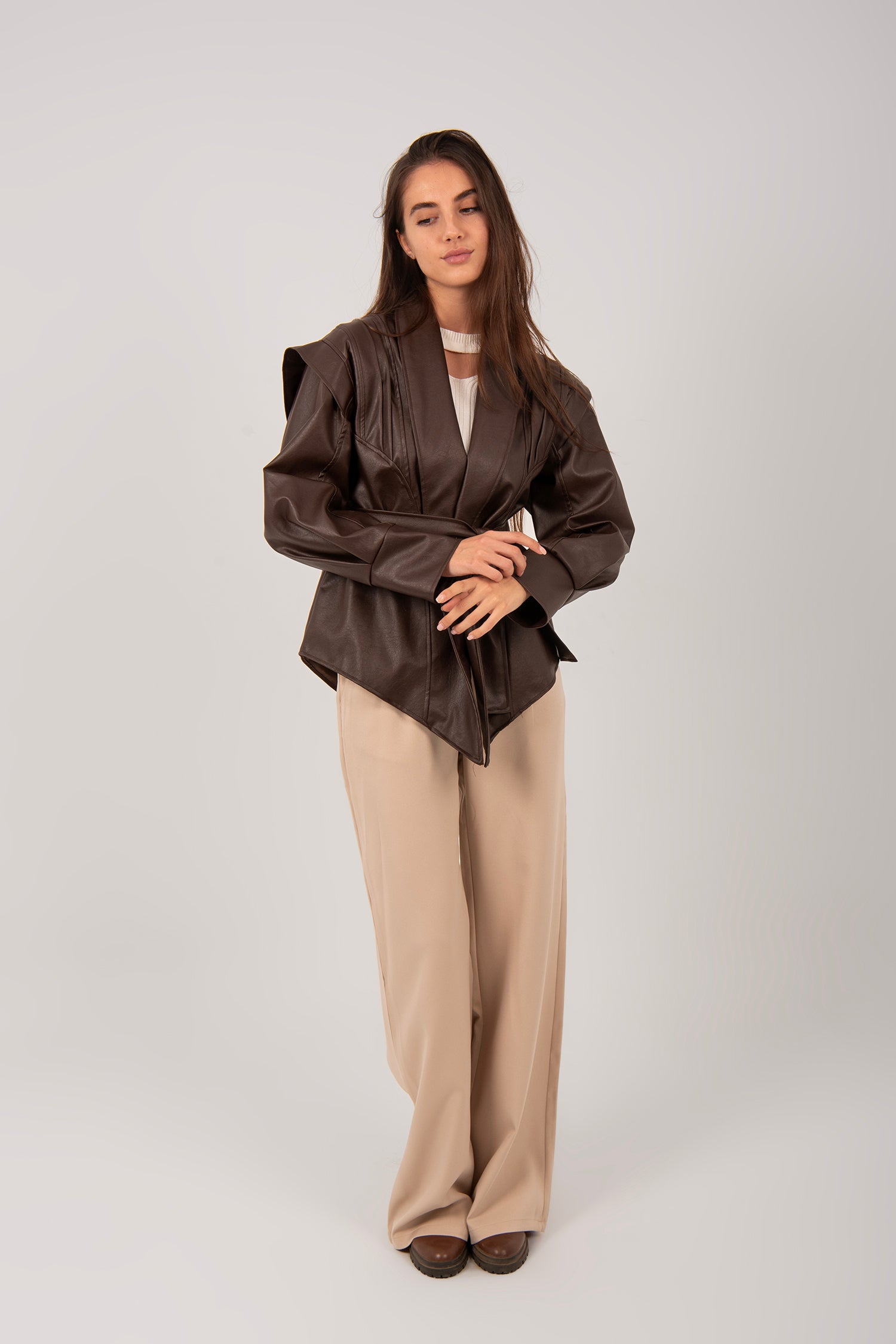 Belted Faux Leather Wrap Jacket