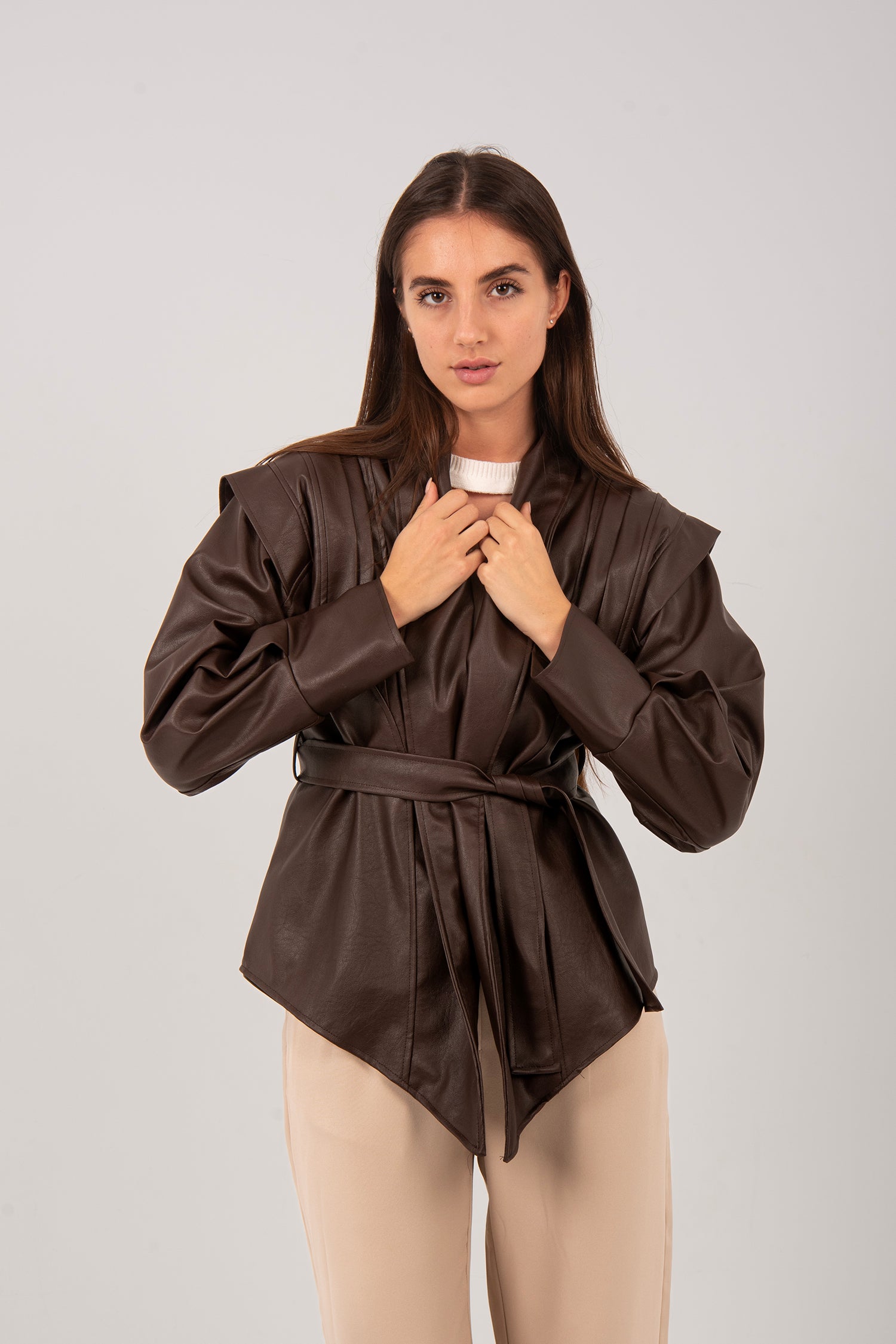 Belted Faux Leather Wrap Jacket