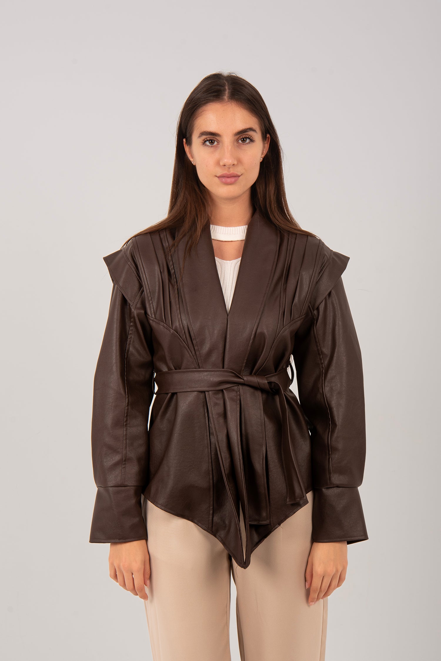Belted Faux Leather Wrap Jacket
