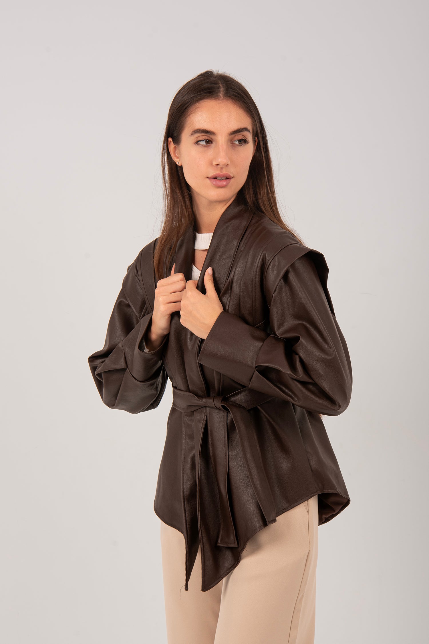 Belted Faux Leather Wrap Jacket