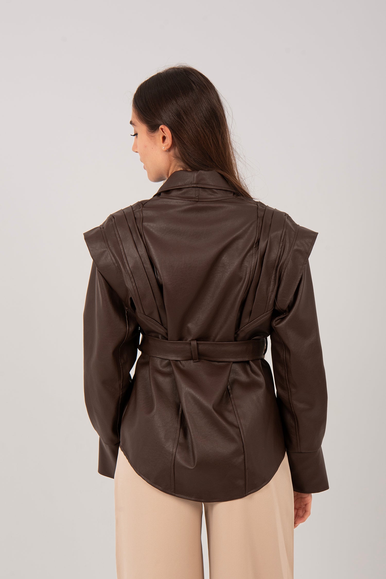 Belted Faux Leather Wrap Jacket