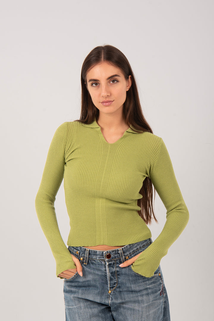 Ribbed Knit V-Neck Collared Top