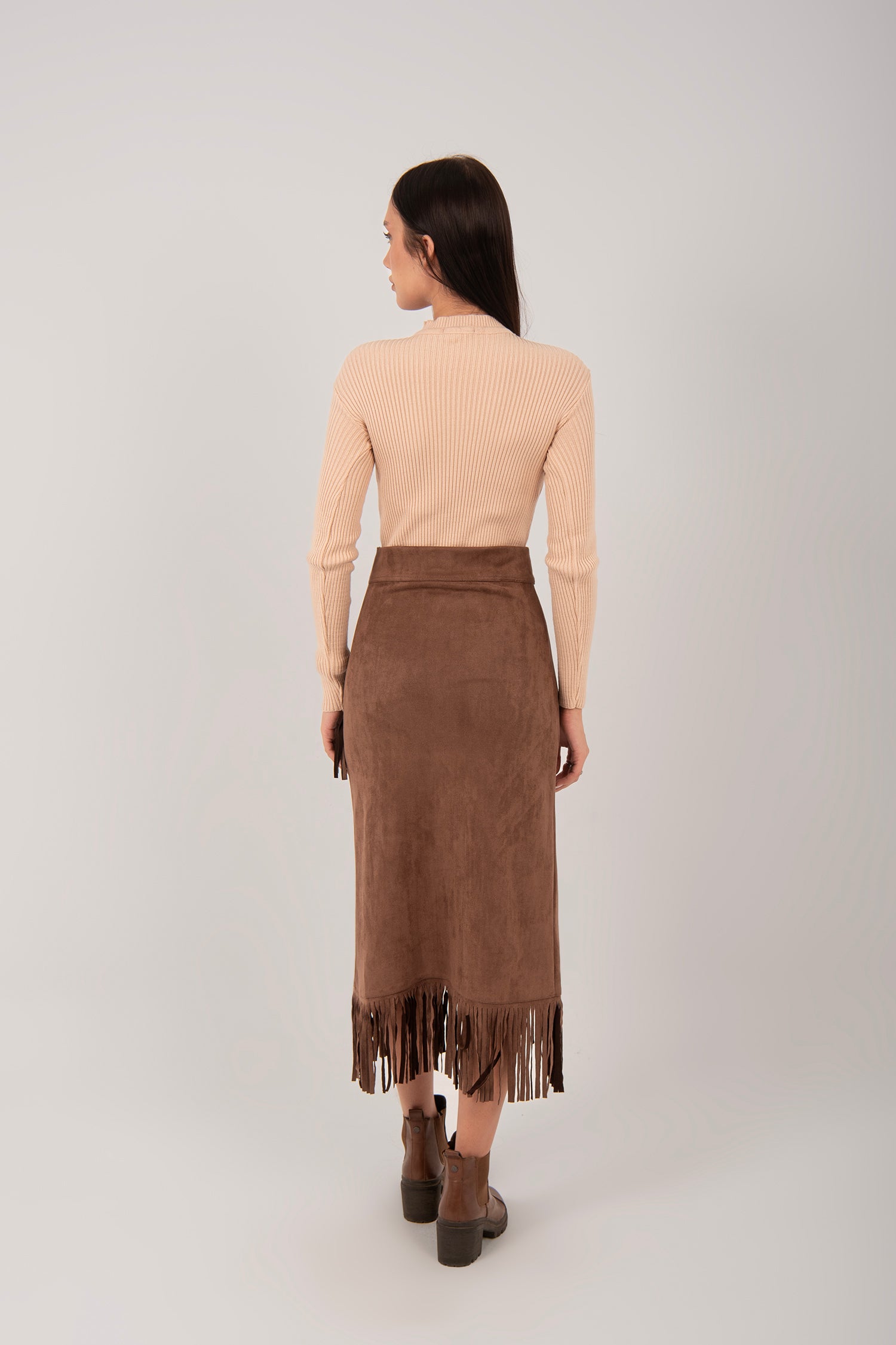 Suede Fringe Midi Skirt