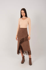 Suede Fringe Midi Skirt