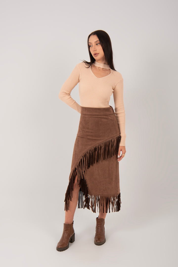 Suede Fringe Midi Skirt