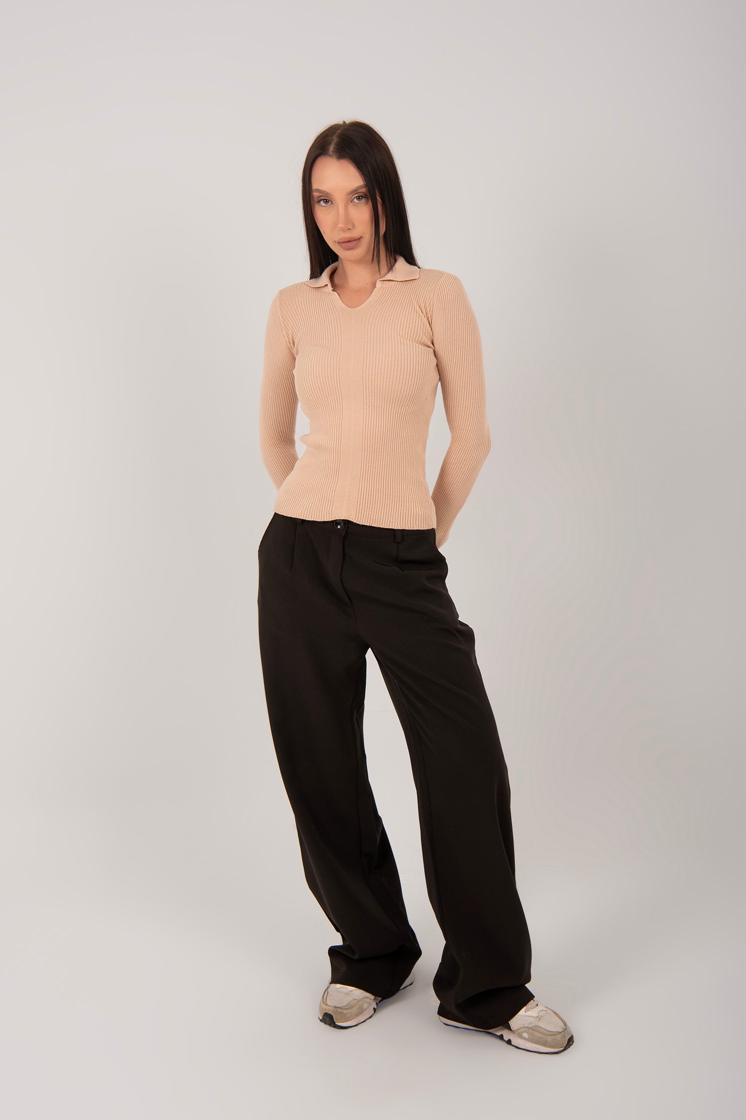 Ribbed Knit V-Neck Collared Top