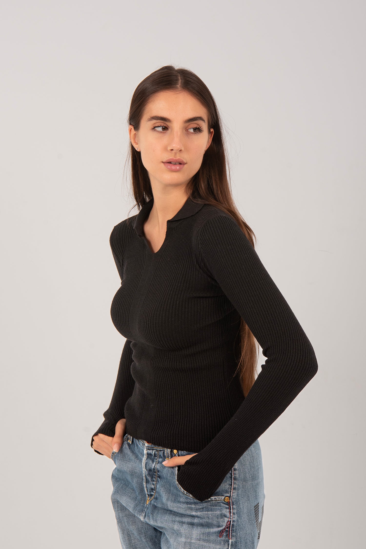 Ribbed Knit V-Neck Collared Top