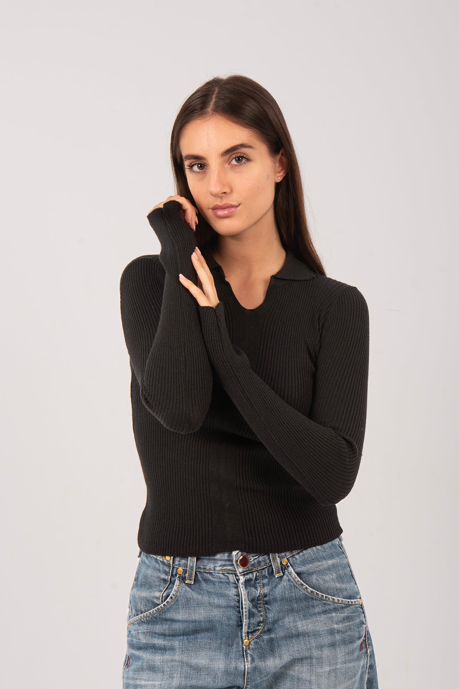Ribbed Knit V-Neck Collared Top